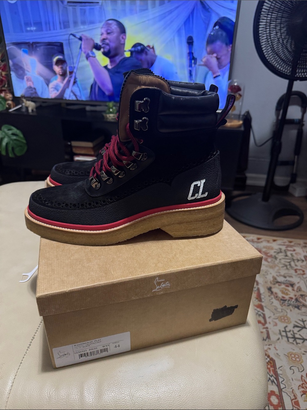 Christian Louboutin Black and Red Lace-Up Ankle Boots